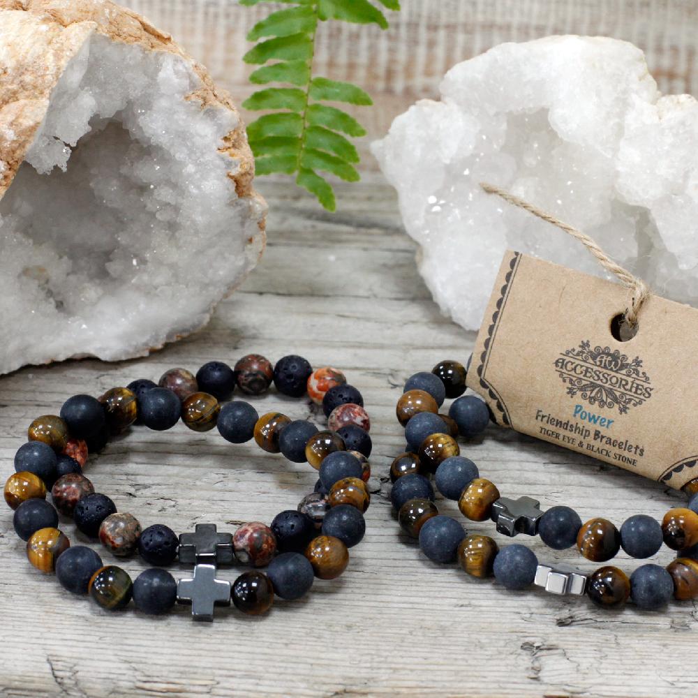 Ancient Wisdom Set Of 2 Gemstones Friendship Bracelets - Power - Tiger Eye & Black Stone