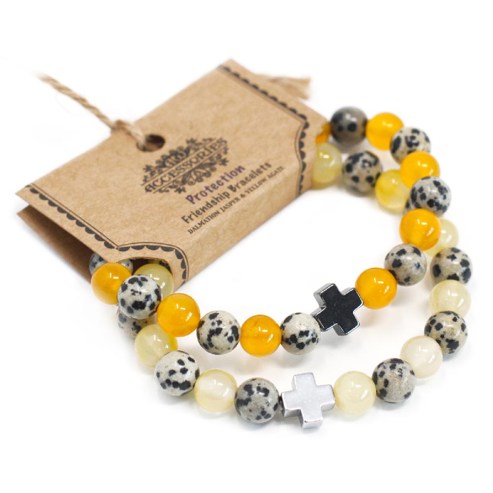 Ancient Wisdom Set Of 2 Gemstones Friendship Bracelets - Protection - Dalmatian Jasper & Yellow Agate
