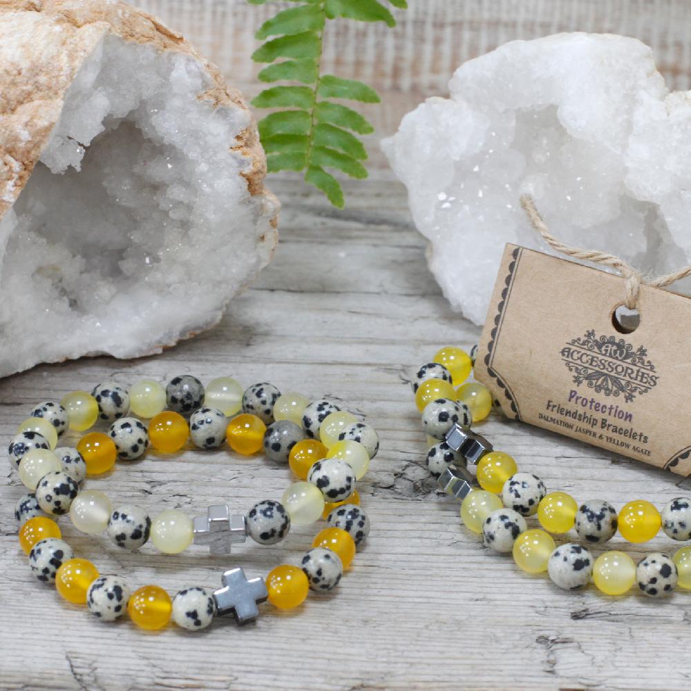 Ancient Wisdom Set Of 2 Gemstones Friendship Bracelets - Protection - Dalmatian Jasper & Yellow Agate