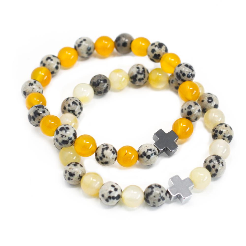 ancient wisdom Set of 2 Gemstones Friendship Bracelets - Protection - Dalmatian Jasper & Yellow Agate