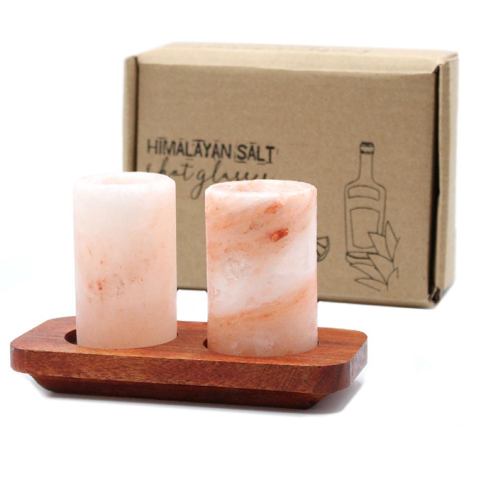 ancient wisdom Set of 2 Himalayan Salt Shot Glasses & Wood Serving Tray