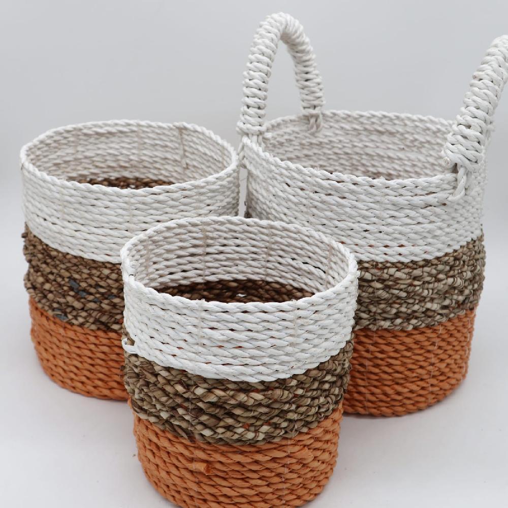 Ancient Wisdom Set Of 3 Seagrass Basket Set - Orange / Natural / White