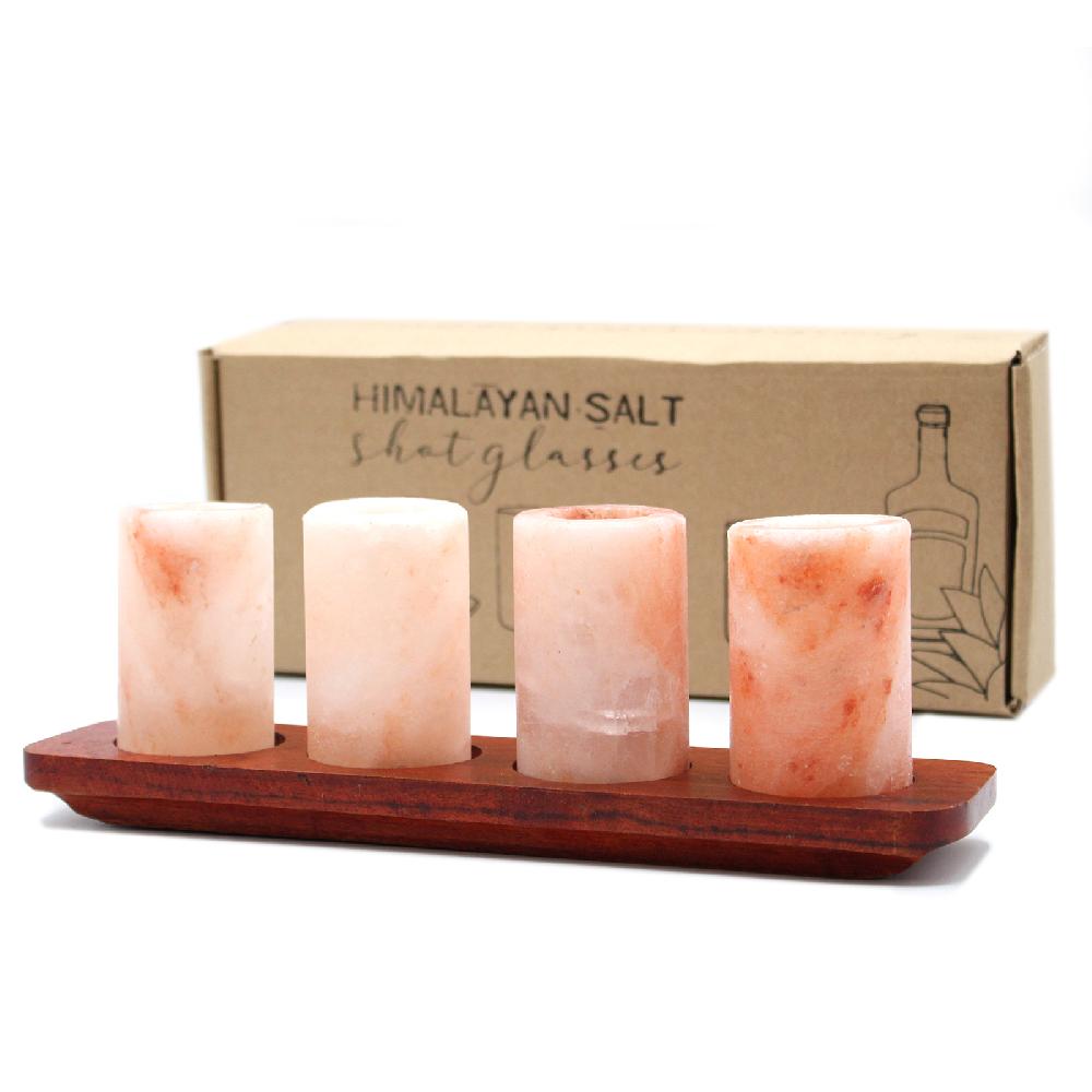 ancient wisdom Set of 4 Himalayan Salt Shot Glasses & Wood Serving Tray