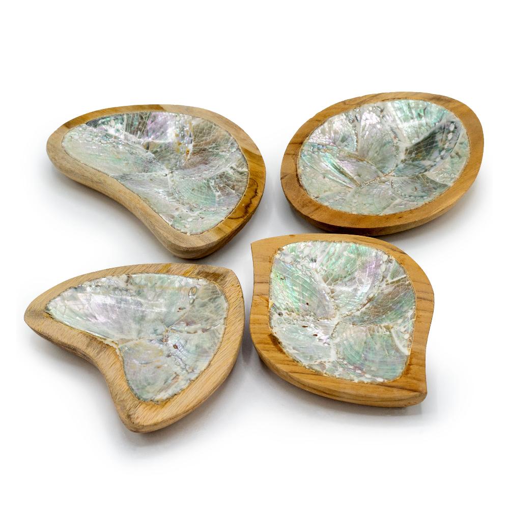 Ancient Wisdom Set Of 4 Teak Mini Bowls With Shell Decor (assorted)