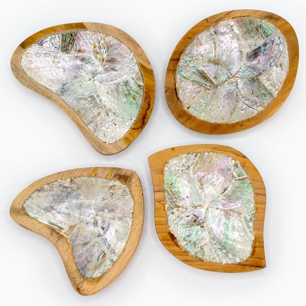 Ancient Wisdom Set Of 4 Teak Mini Bowls With Shell Decor (assorted)