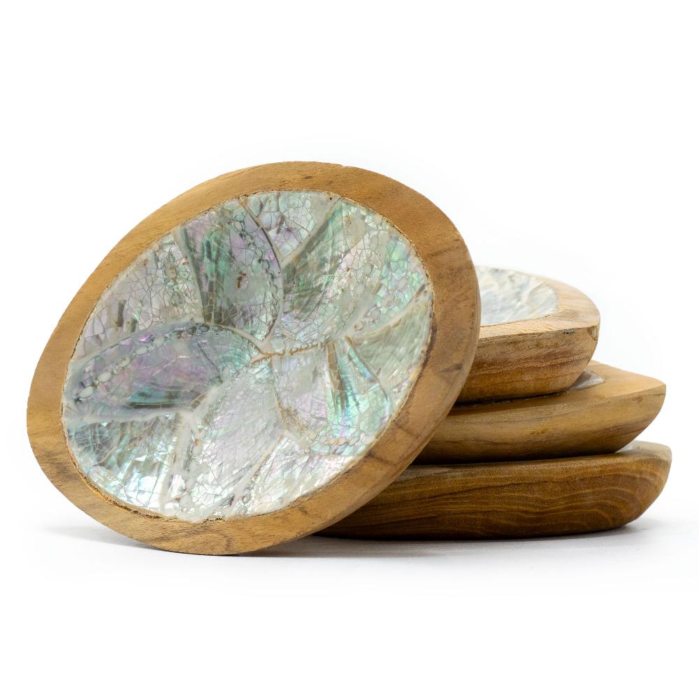 ancient wisdom Set of 4 Teak Mini Bowls with Shell Decor (assorted)