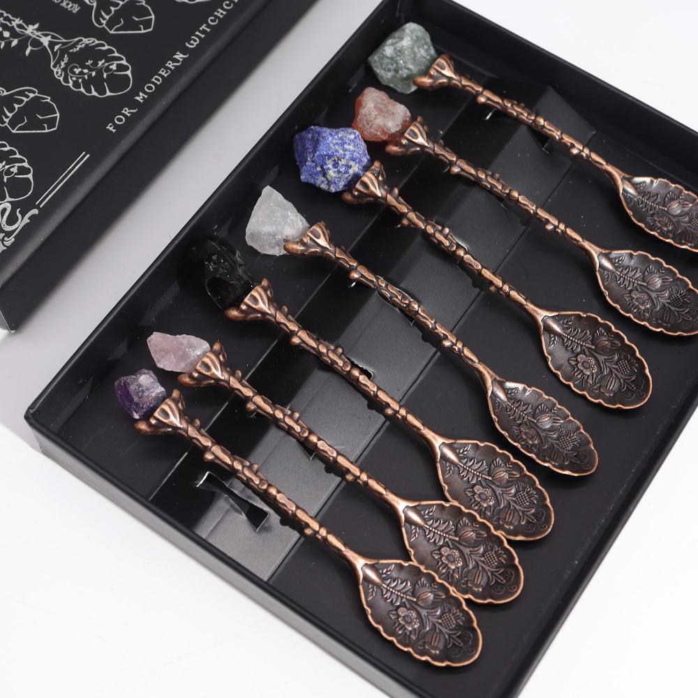 Ancient Wisdom Set Of 7 Bronze Gemstone Crystal Witch Spoons