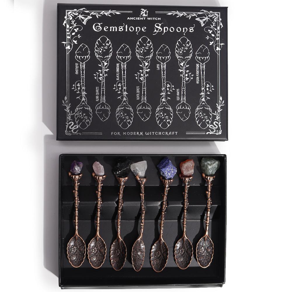 ancient wisdom Set of 7 Bronze Gemstone Crystal Witch Spoons