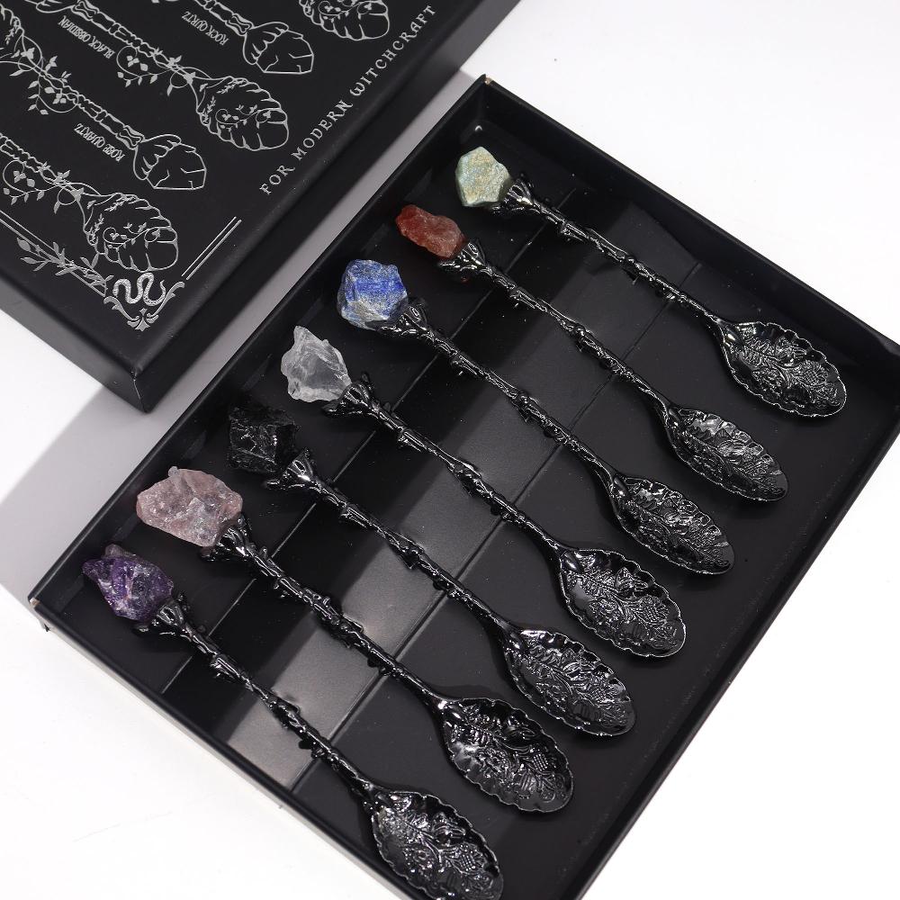 Ancient Wisdom Set Of 7 Dark Silver Gemstone Crystal Witch Spoons
