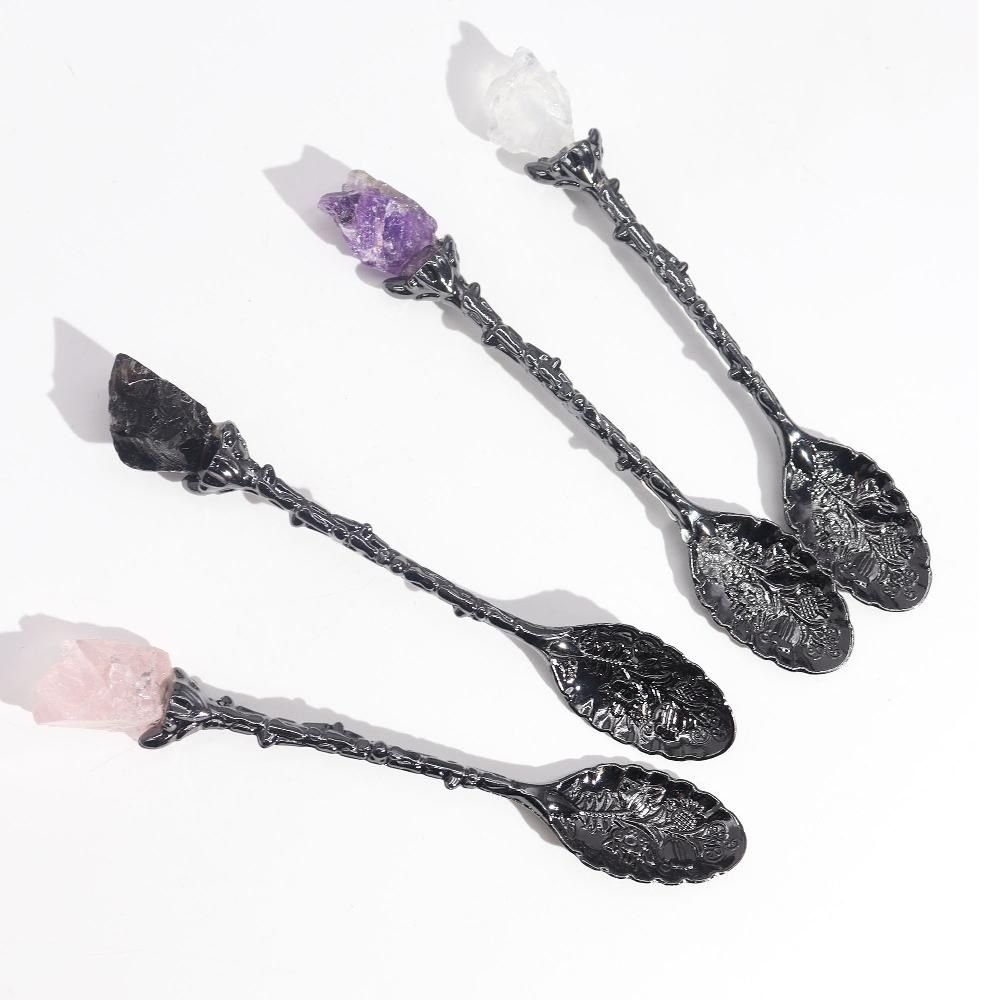 Ancient Wisdom Set Of 7 Dark Silver Gemstone Crystal Witch Spoons