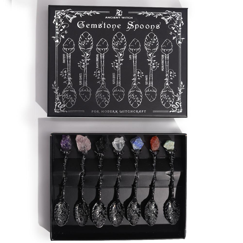 ancient wisdom Set of 7 Dark Silver Gemstone Crystal Witch Spoons