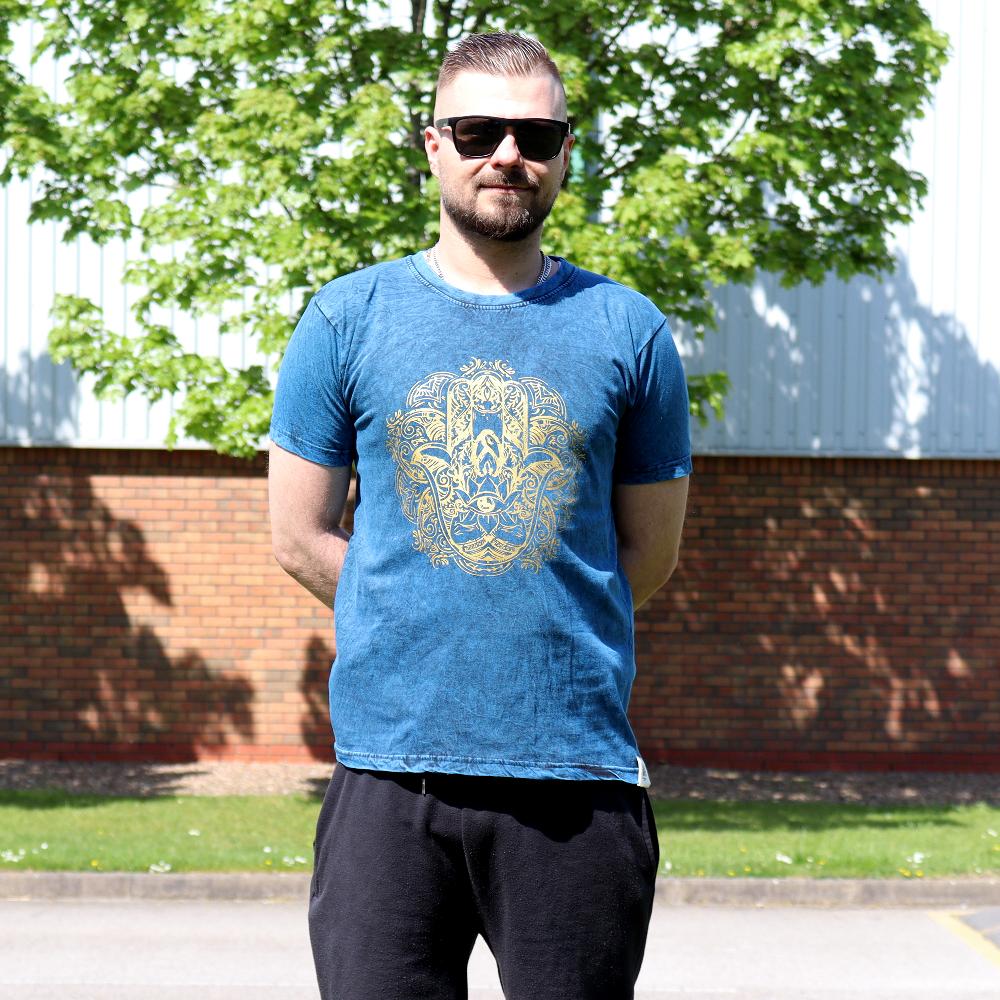 Ancient Wisdom Small Stone Washed T-Shirt - Hamsa - Blue