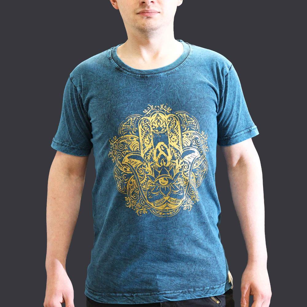 ancient wisdom Small Stone Washed T-Shirt - Hamsa - Blue