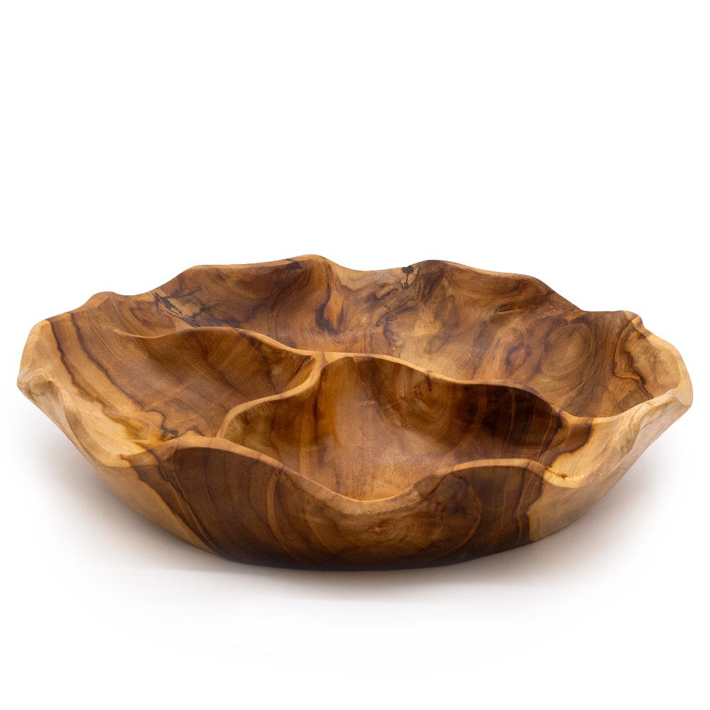 Ancient Wisdom Smooth Round Teakwood Fruit Bowl Three Sections - 30x5.5cm