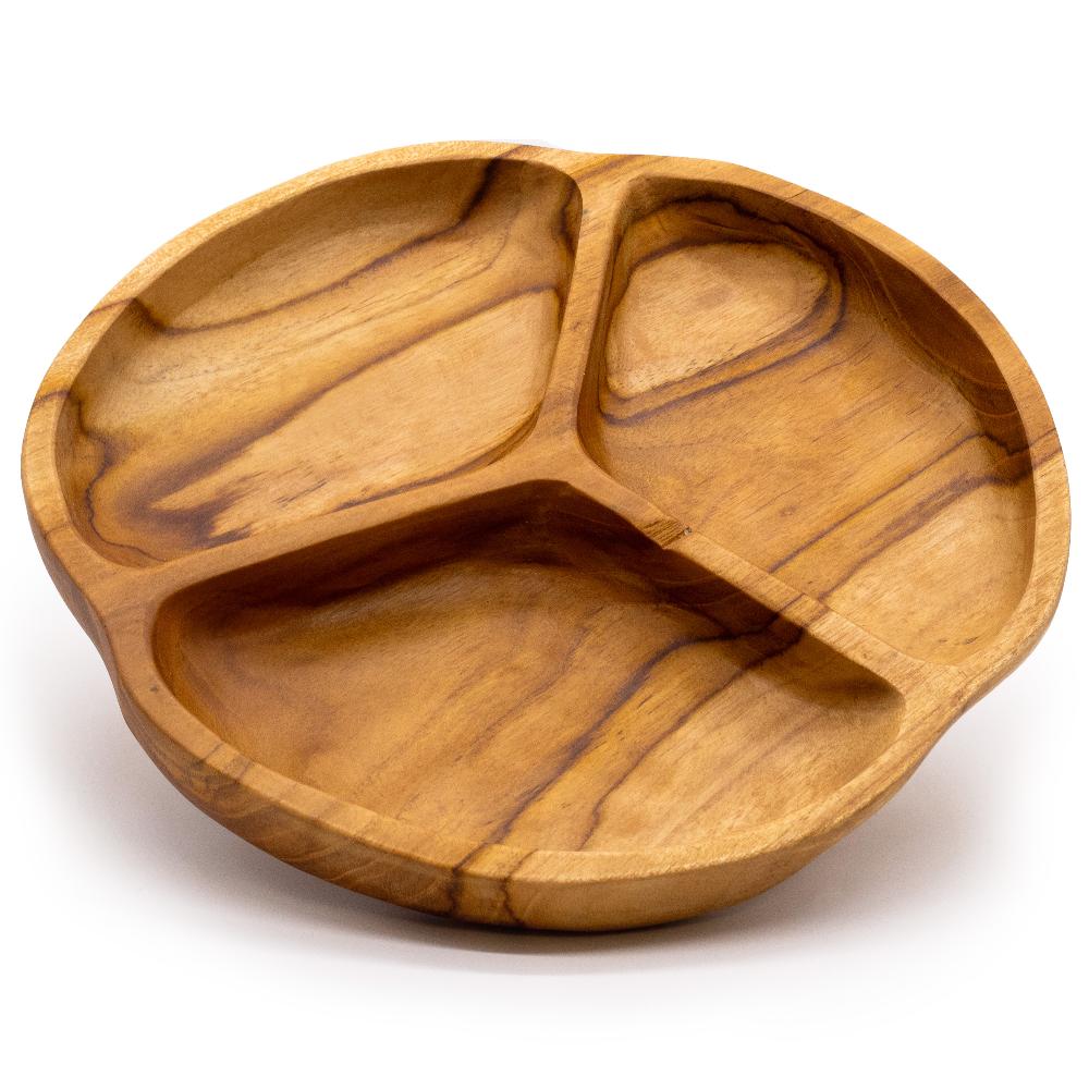 Ancient Wisdom Smooth Teakwood Fruit Bowl Three Sections - 30x4cm