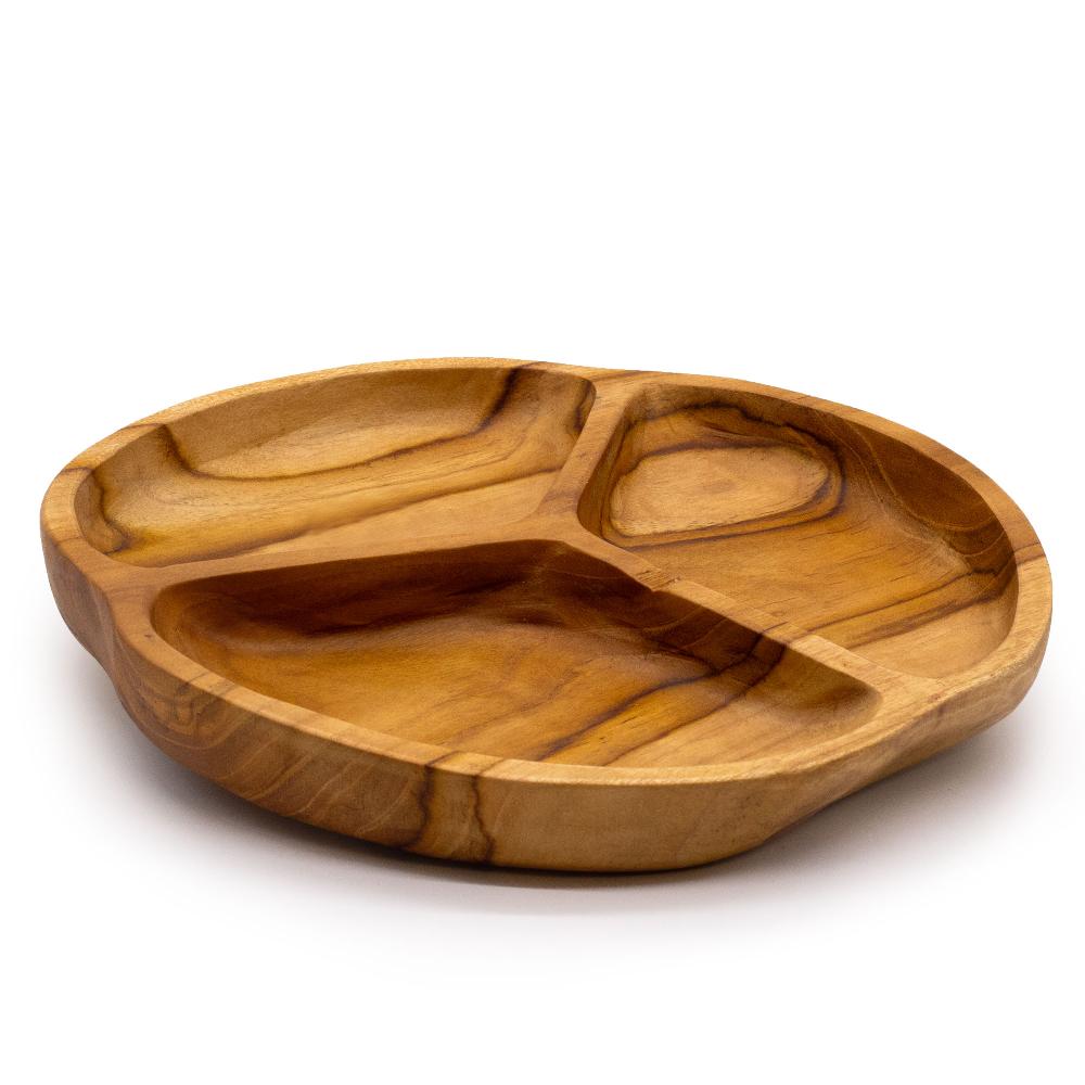 Ancient Wisdom Smooth Teakwood Fruit Bowl Three Sections - 30x4cm