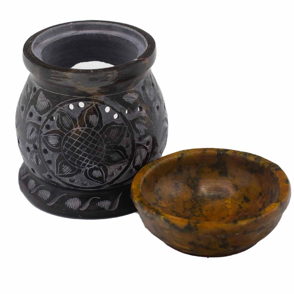 Ancient Wisdom Soapstone Oil Burner 10cm - Mandala Flower - Black & Yellow