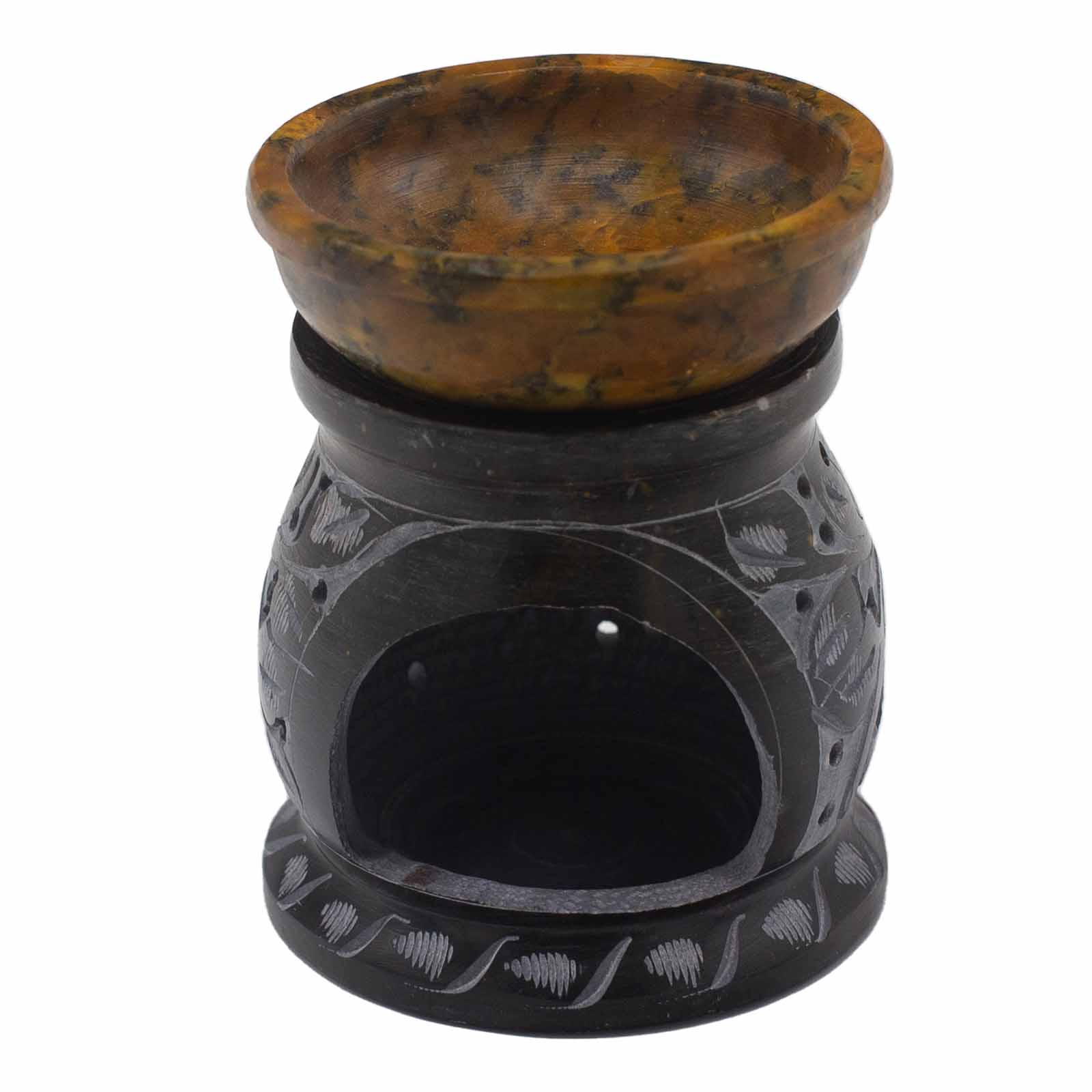 Ancient Wisdom Soapstone Oil Burner 10cm - Mandala Flower - Black & Yellow