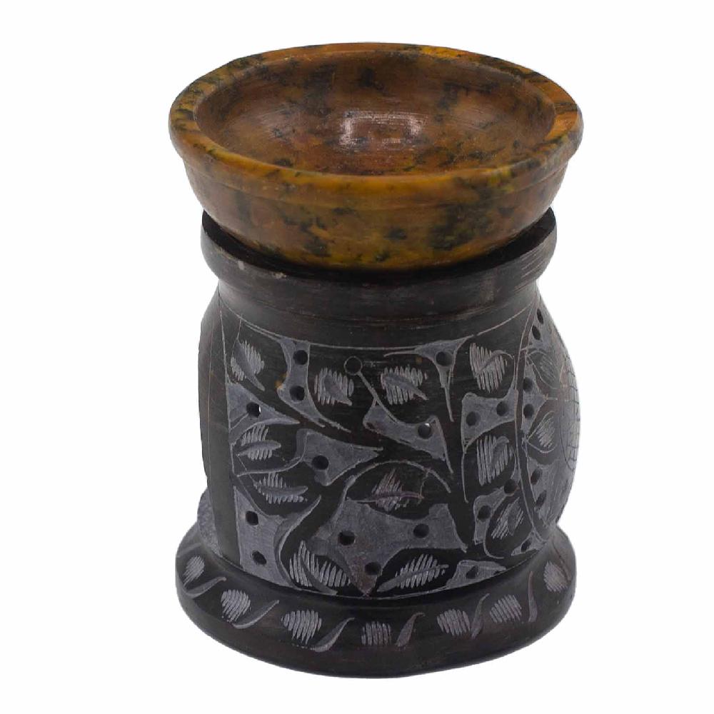 Ancient Wisdom Soapstone Oil Burner 10cm - Mandala Flower - Black & Yellow