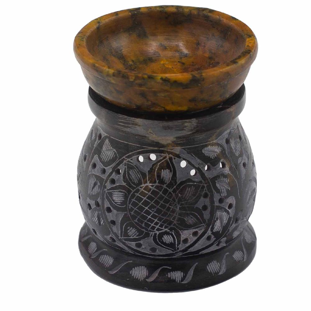 ancient wisdom Soapstone Oil Burner 10cm - Mandala Flower - Black & Yellow