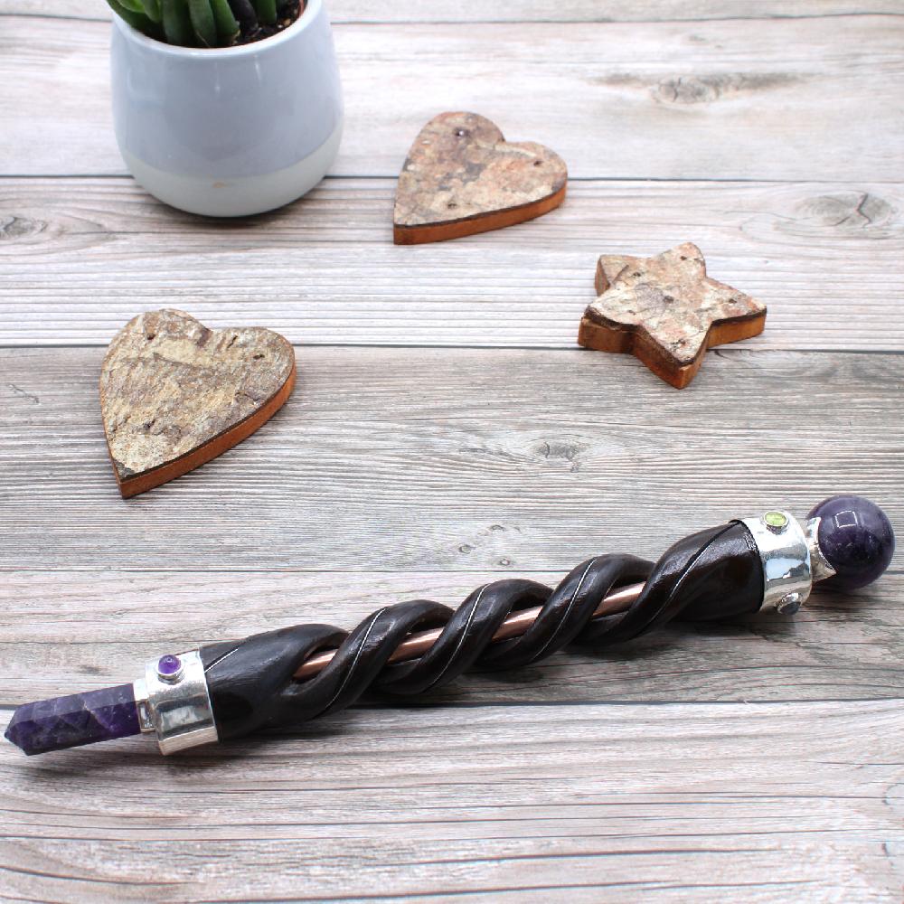 Ancient Wisdom Spiral Carving Healing Wand - Copper Pipe Amethyst