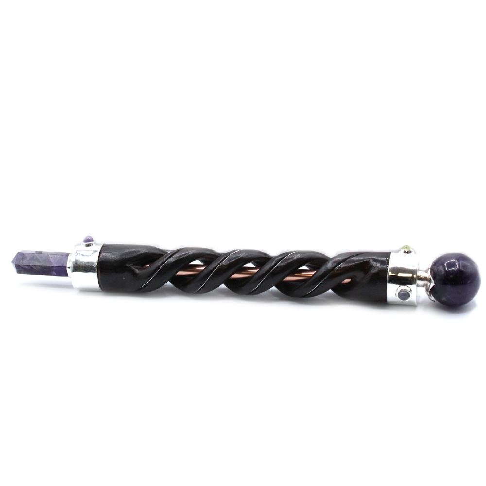 ancient wisdom Spiral Carving Healing Wand - Copper Pipe Amethyst