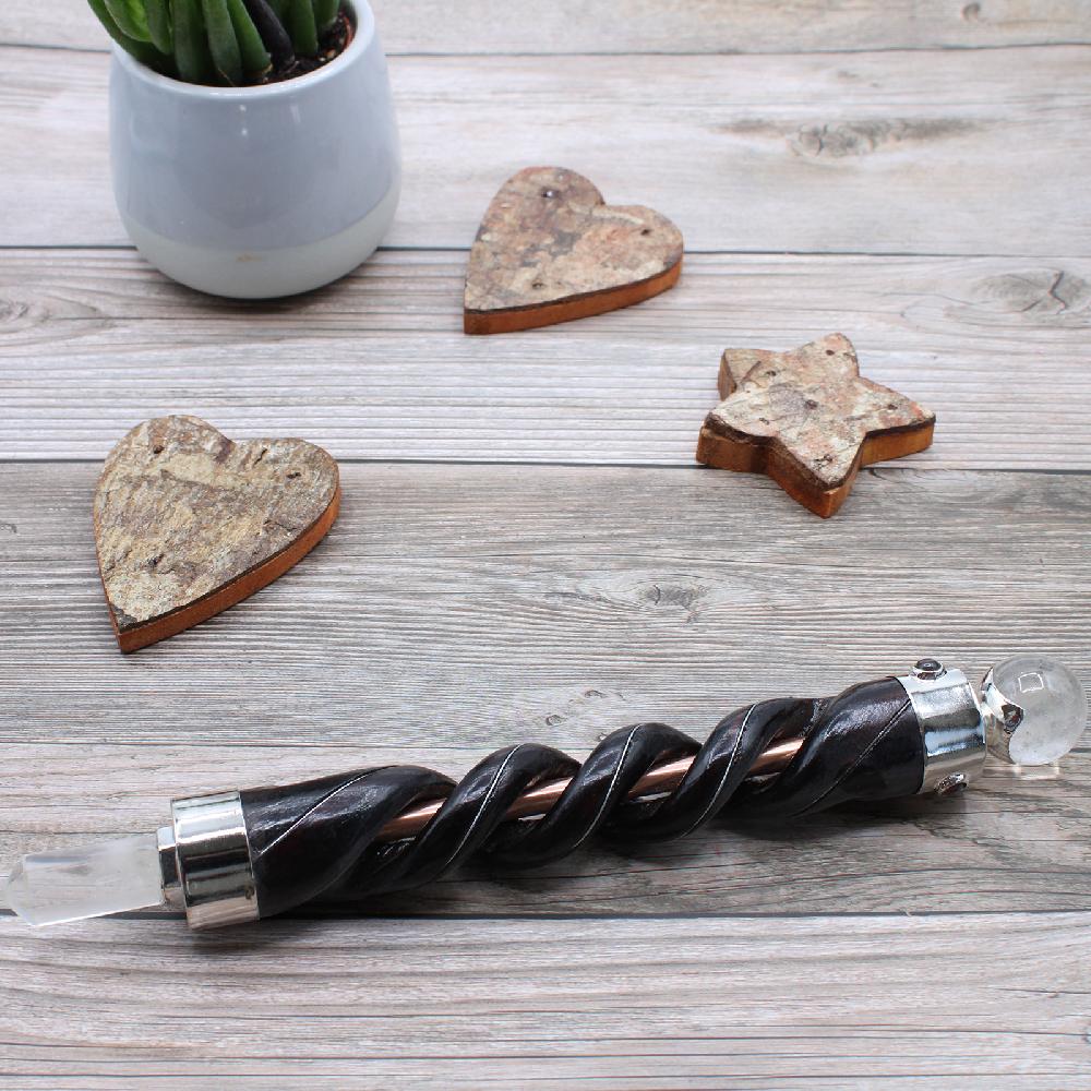 Ancient Wisdom Spiral Carving Healing Wand - Copper Pipe Rock Quartz