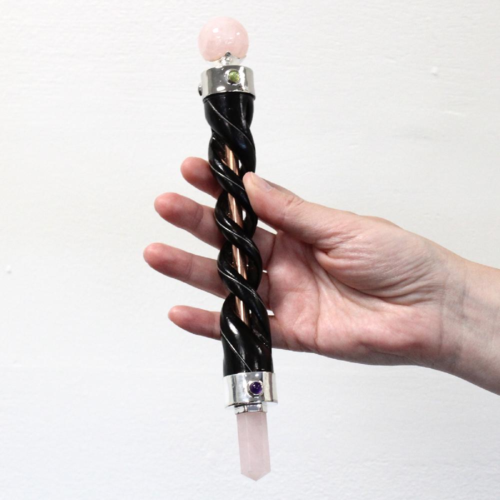 Ancient Wisdom Spiral Carving Healing Wand - Copper Pipe Rose Quartz