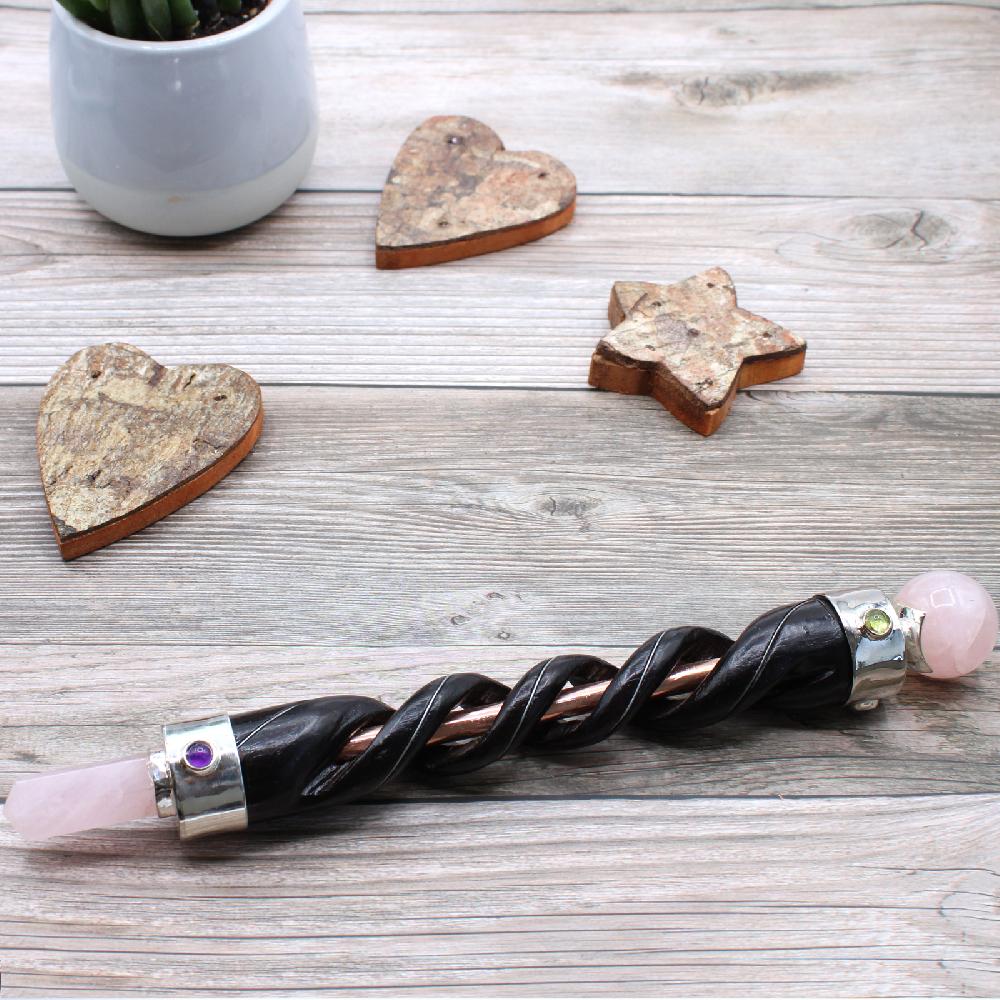 Ancient Wisdom Spiral Carving Healing Wand - Copper Pipe Rose Quartz