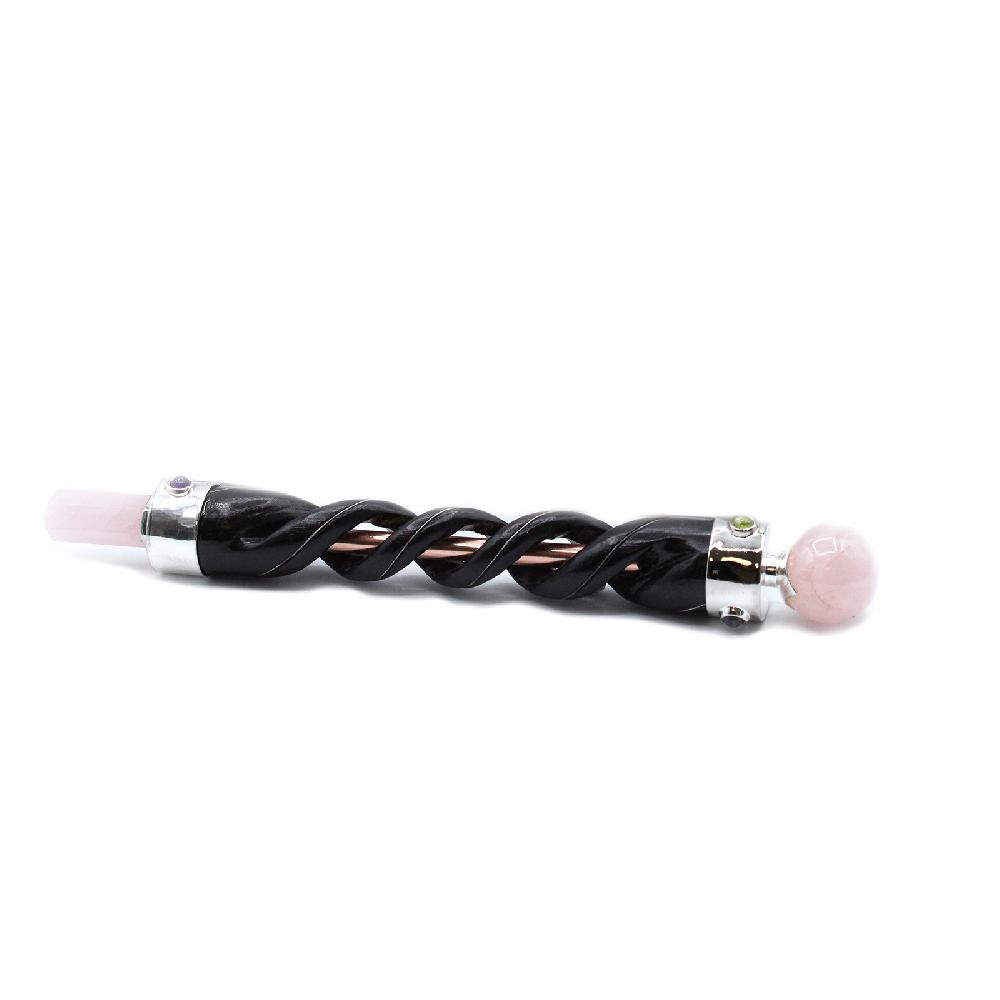 Ancient Wisdom Spiral Carving Healing Wand - Copper Pipe Rose Quartz