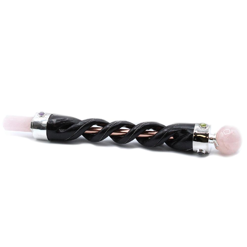 ancient wisdom Spiral Carving Healing Wand - Copper Pipe Rose Quartz