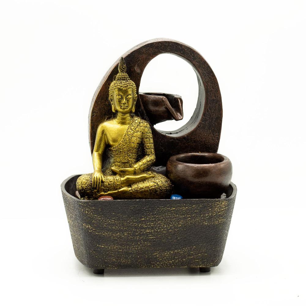ancient wisdom Tabletop Water Feature - 21.5cm - Golden Buddha & Pots