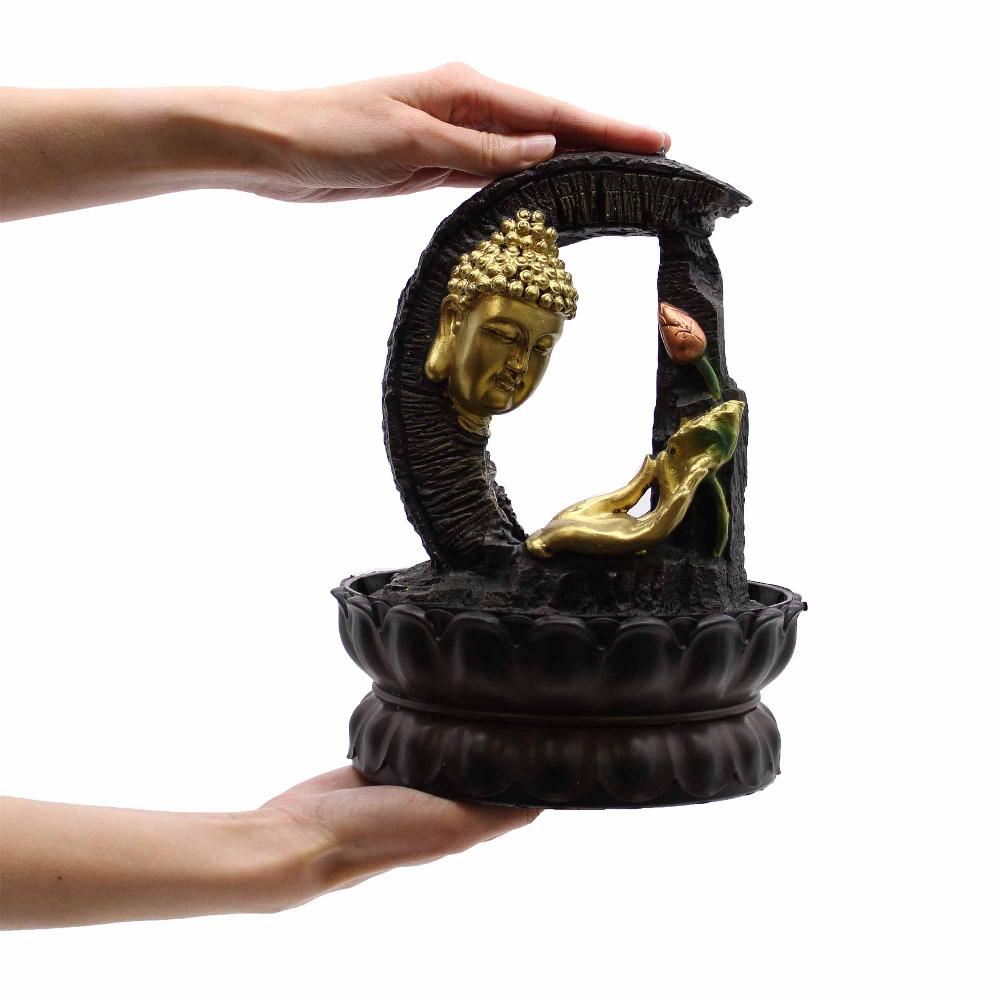 Ancient Wisdom Tabletop Water Feature - 30cm - Golden Buddha & Lotus