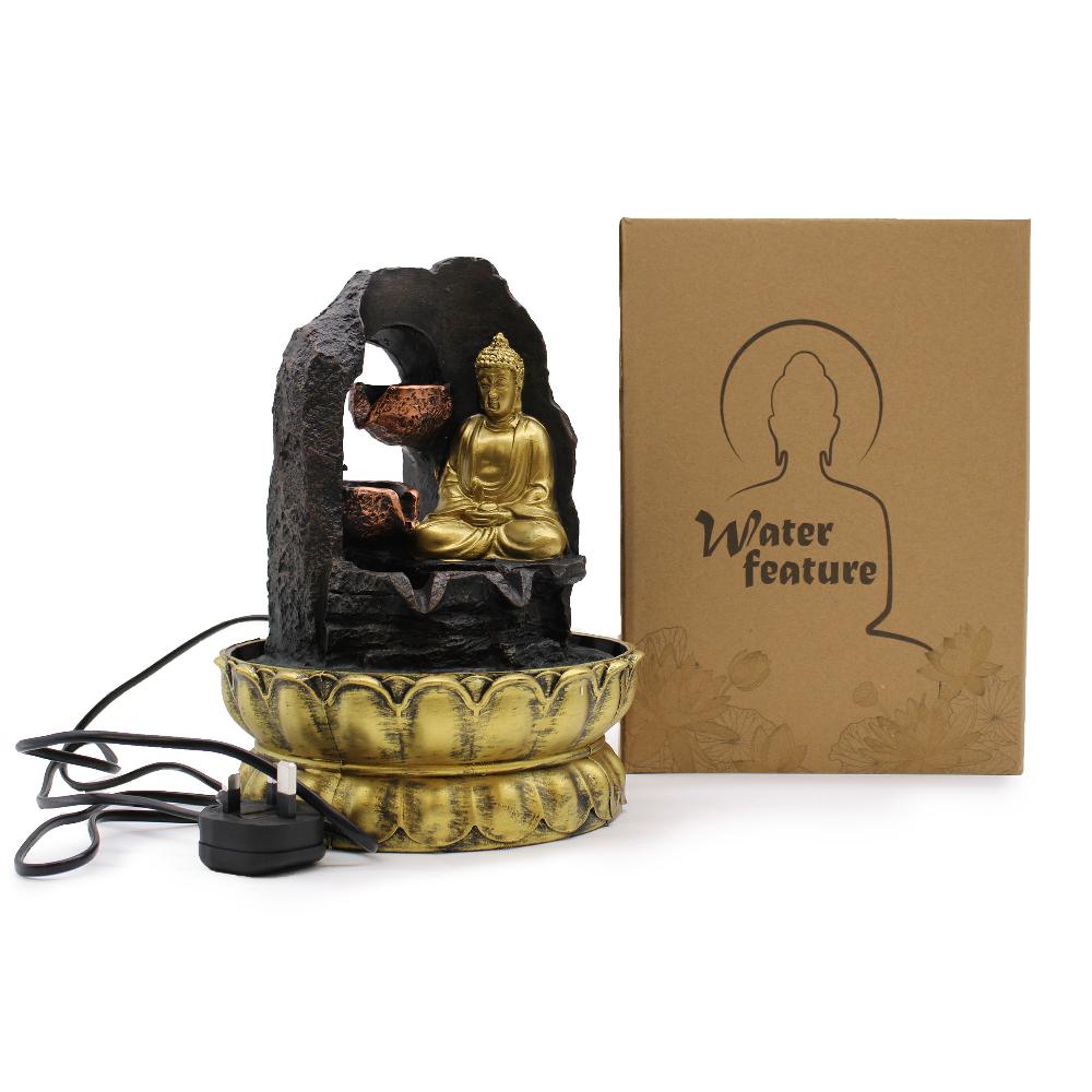 Ancient Wisdom Tabletop Water Feature - 30cm - Golden Meditating Buddha