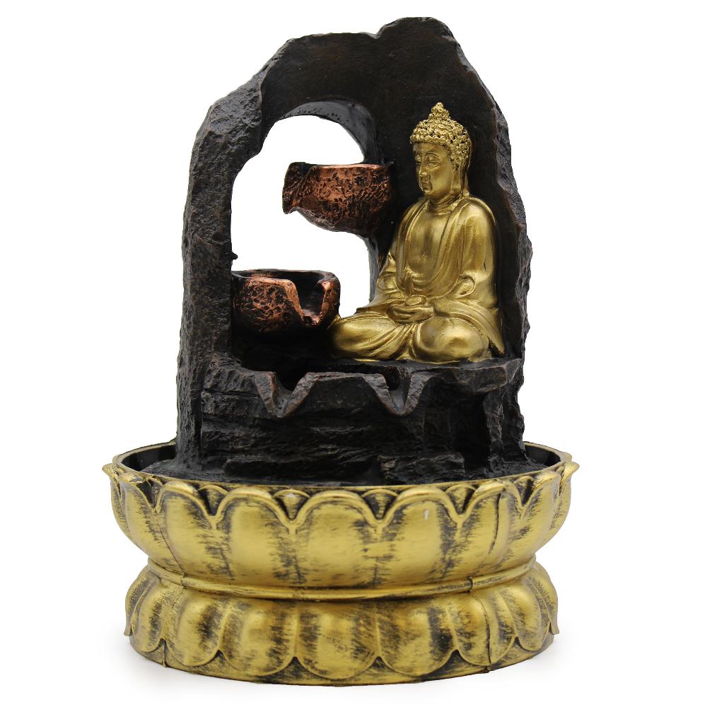 ancient wisdom Tabletop Water Feature - 30cm - Golden Meditating Buddha