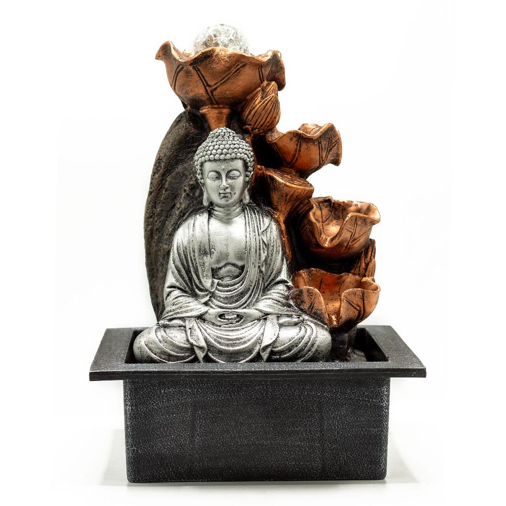 ancient wisdom Tabletop Water Feature - 35cm - Silver Buddha Cascade & Crystal Ball
