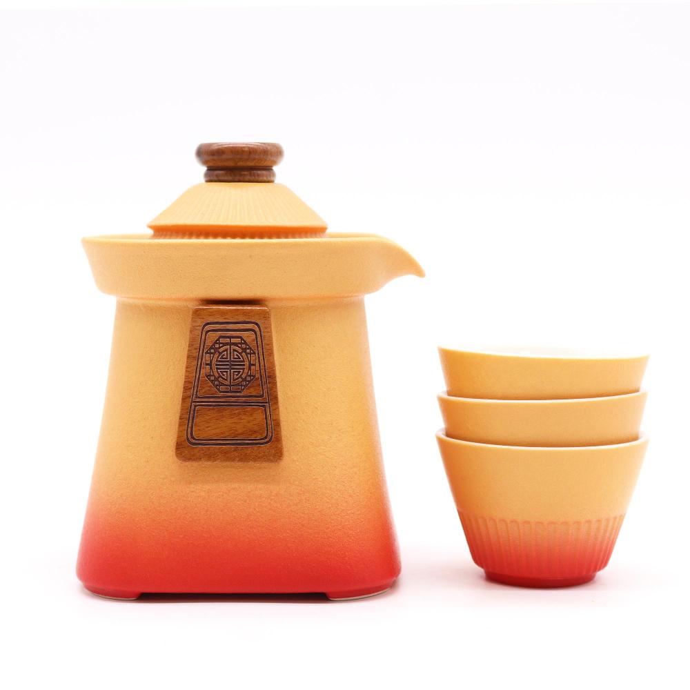 ancient wisdom Temple Teapot Set & Three Cups - Orange Earth