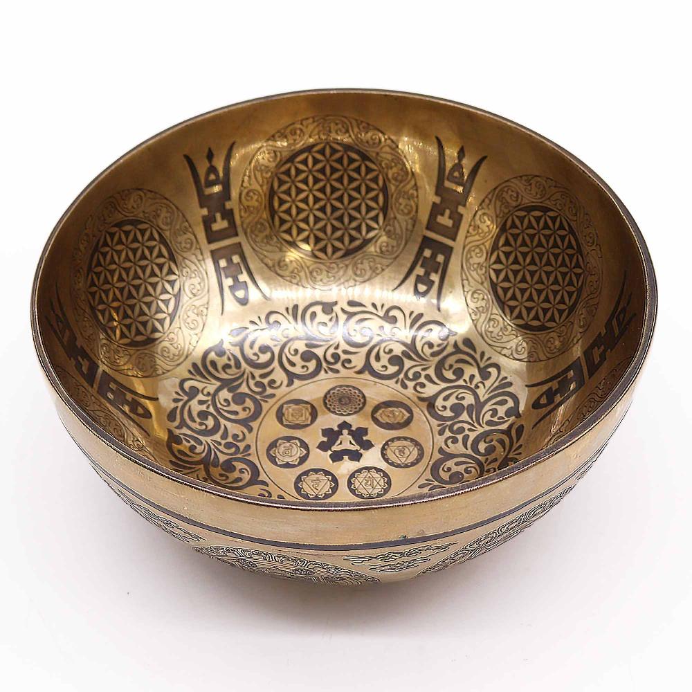 Ancient Wisdom Tibetan Healing Engraved Bowl - 21cm - 7 Chakras & Flower Of Life