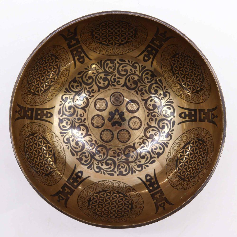 Ancient Wisdom Tibetan Healing Engraved Bowl - 21cm - 7 Chakras & Flower Of Life