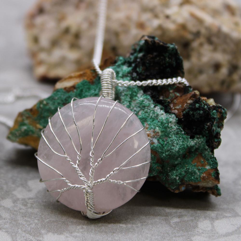 Ancient Wisdom Tree Of Life Gemstone Necklace - Rose Quartz