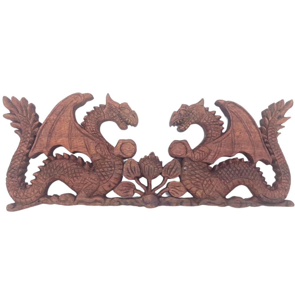ancient wisdom Two Facing Dragon Plaque Carving - 40x15cm