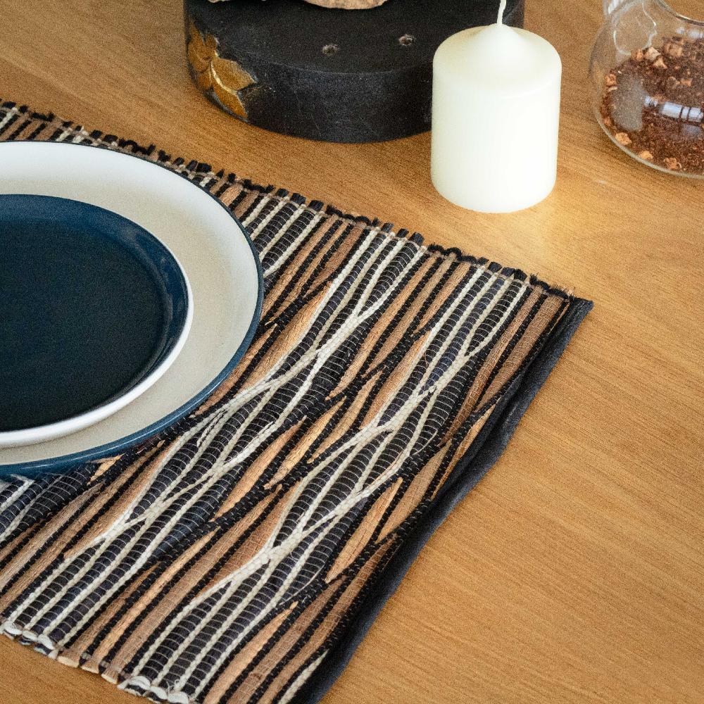 ancient wisdom Water Hyacinth Natural Placemat - Black and White Waves