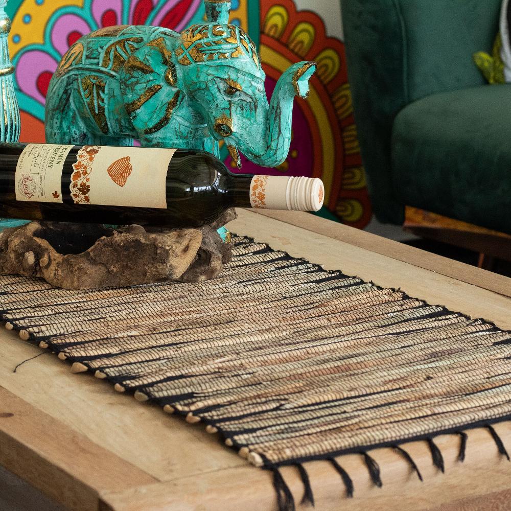 ancient wisdom Water Hyacinth Natural Table Runner - Black Tiger with Fringe - 150cm