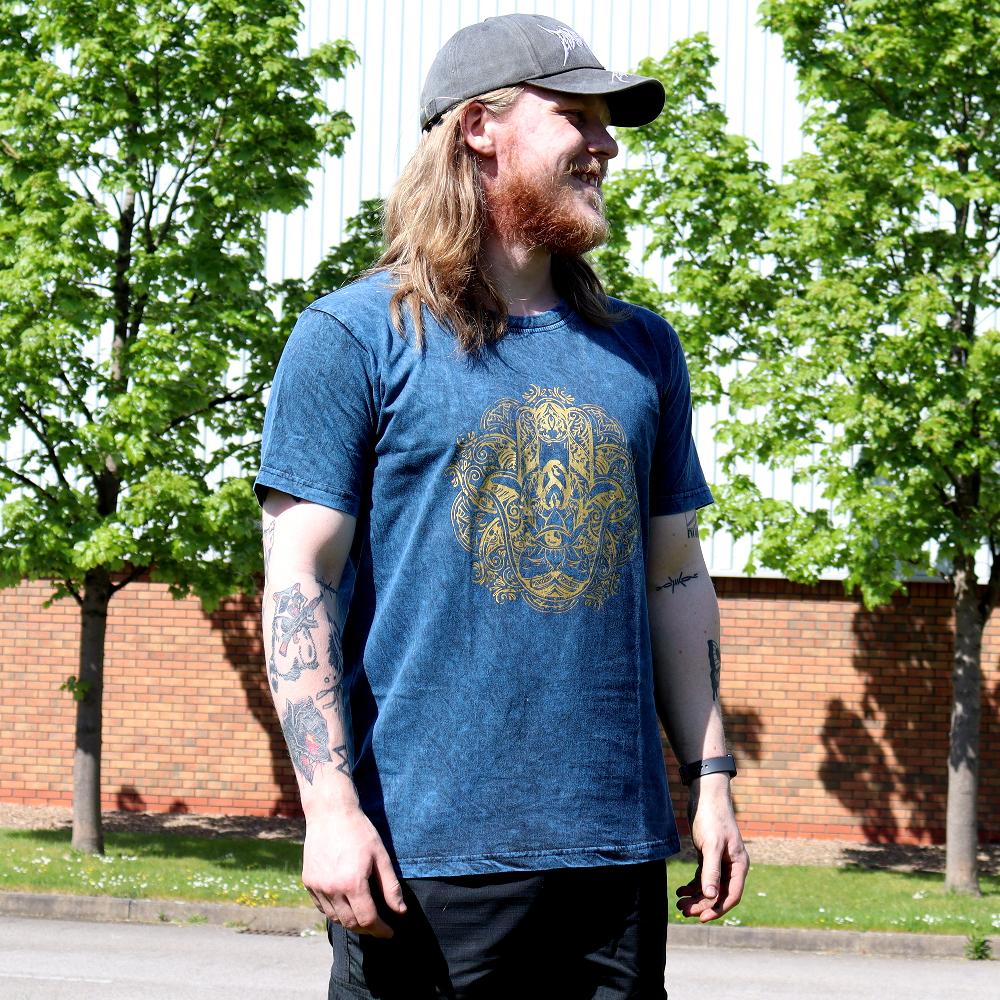 Ancient Wisdom XLarge Stone Washed T-Shirt - Hamsa - Blue