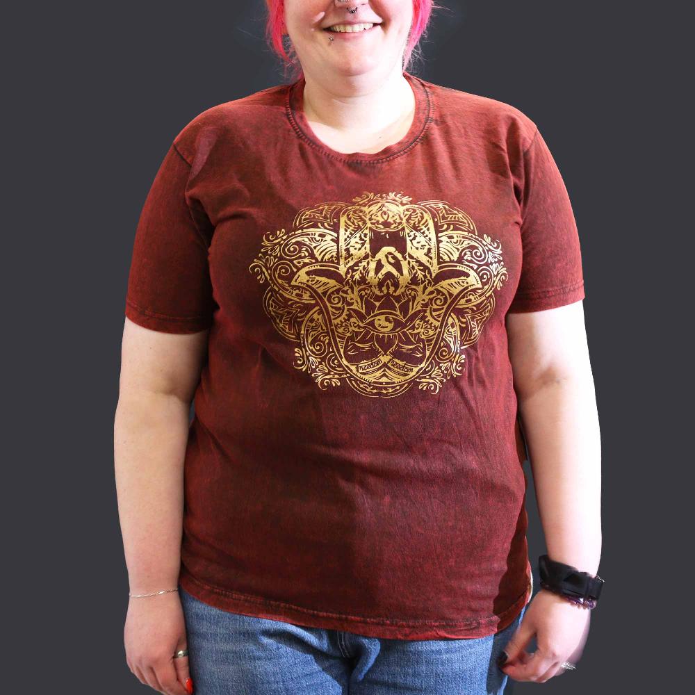 ancient wisdom XLarge Stone Washed T-Shirt - Hamsa - Maroon