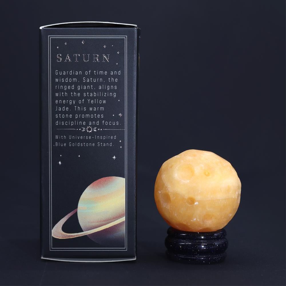 ancient wisdom Yellow Jade Planet on a Solar Goldstone Stand (SATURN) - 40mm