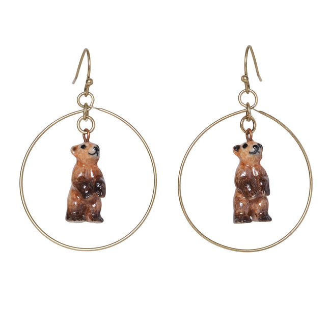 and mary Standing Brown Bear Hoop Drop Earrings