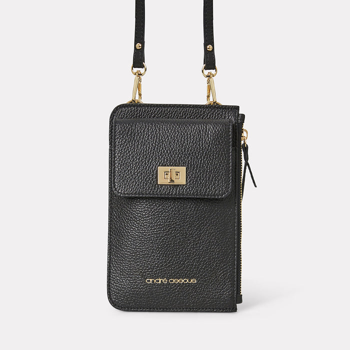 andré assous Amira Black Leather Crossbody Phone Case