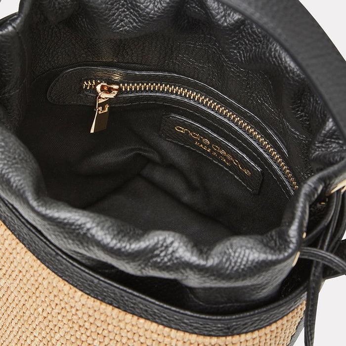 André Assous Astrid Natural Black Raffia Bucket Bag