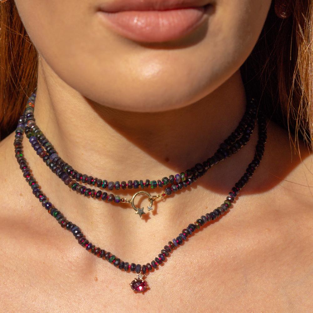 Andrea Fohrman Black Ethiopian Opal Beaded Necklace With Faceted Garnet Rhodolite Charm